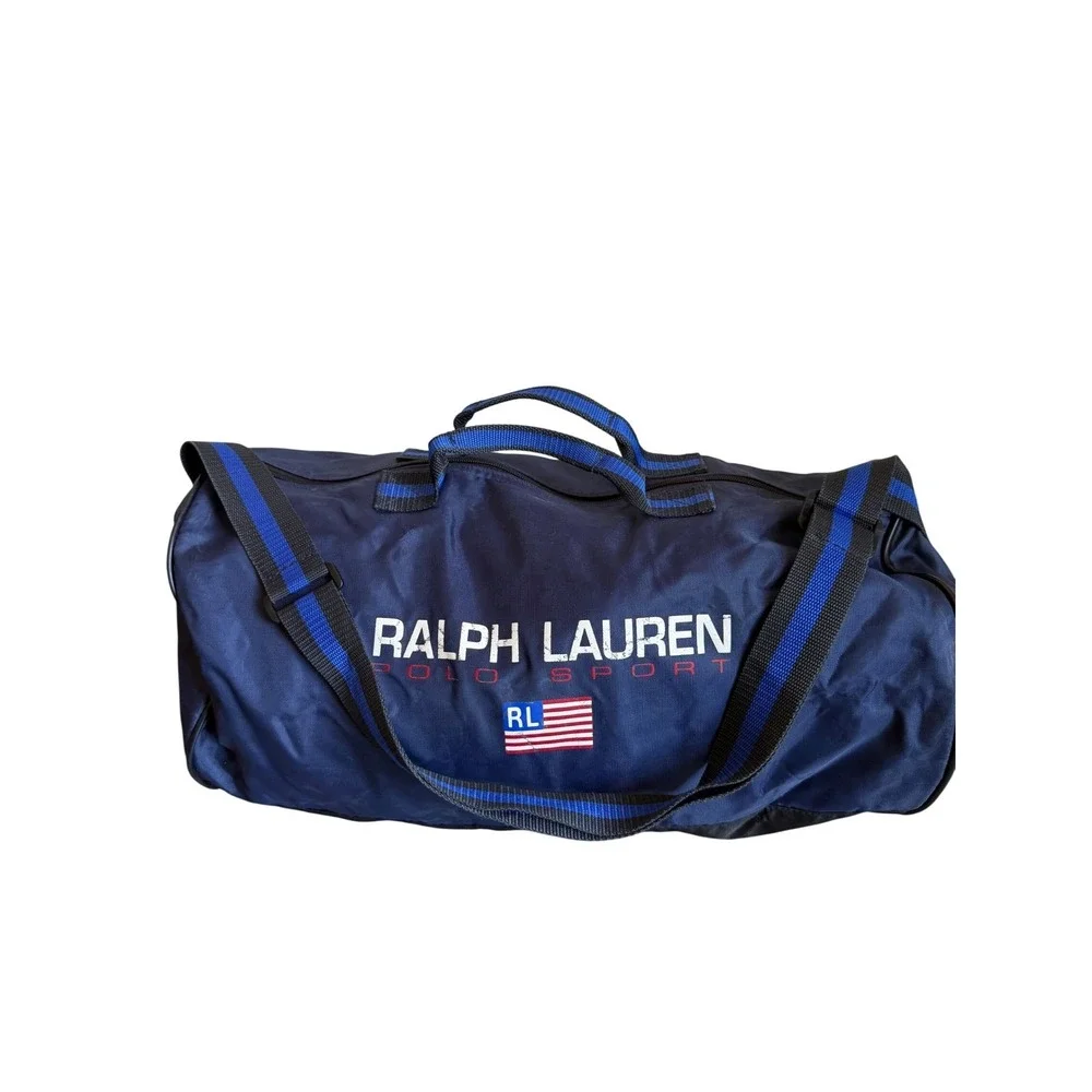 Vintage Ralph Lauren Polo Sport Navy Blue Nylon Duffle Gym Bag American Flag 90s